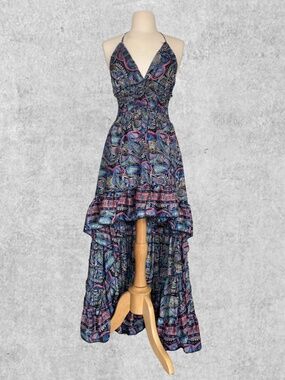 Zury High-Low Halter Maxi Dress | Boho Paisley Satin Blend | Size S/M